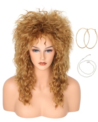 Lucoacos Frauen braun lange lockige 80er Rocker Mullet Perücke Halloween Party Kostüm Perücke(27/30Y) von Lucoacos