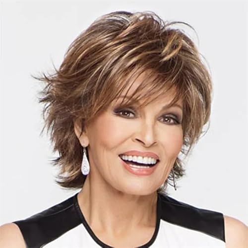 Lucoacos Damen Kurzes Haar Pixie Cut Perücke Gradient Synthetische Layered Perücke (Goldbrauner Verlauf) von Lucoacos