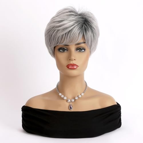 Lucoacos Damen Kurzes Haar Pixie Cut Perücke Gradient Synthetische Layered Perücke (Grauweißer Verlauf) von Lucoacos