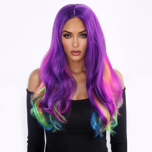 Lucoacos Damen lange curly Perücke synthetische hitzebeständige tägliche Perücke Karneval Party Rollenspiel Perücke (Regenbogen Farbgradient) von Lucoacos