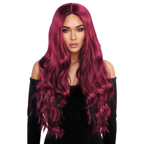 Lucoacos Damen lange curly Perücke synthetische hitzebeständige tägliche Perücke Karneval Party Rollenspiel Perücke (Rotweinfarbe) von Lucoacos