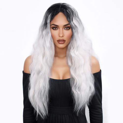 Lucoacos Damen lange curly Perücke synthetische hitzebeständige tägliche Perücke Karneval Party Rollenspiel Perücke (Schwarz-Weiß-Gradient) von Lucoacos