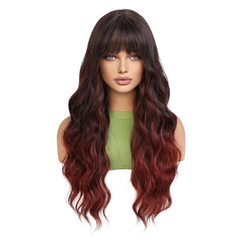 Lucoacos Damen modernen langen Wellenband Pony tägliche Curly Perücke Halloween Karneval Party Gebrauch (Schwarz Rot Gradient) von Lucoacos