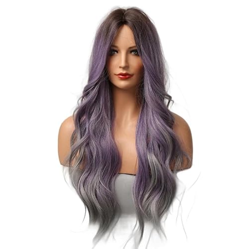 Lucoacos Damen modernen langen Wellenband Pony tägliche Curly Perücke Halloween Karneval Party Gebrauch (Violett Gradient hellgrau) von Lucoacos
