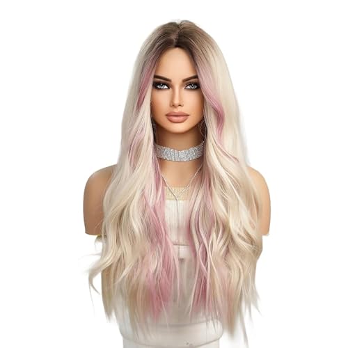 Lucoacos Damen modernen langen Wellenband Pony tägliche Curly Perücke Halloween Karneval Party Gebrauch (Weißbraun Gradient Rosa) von Lucoacos