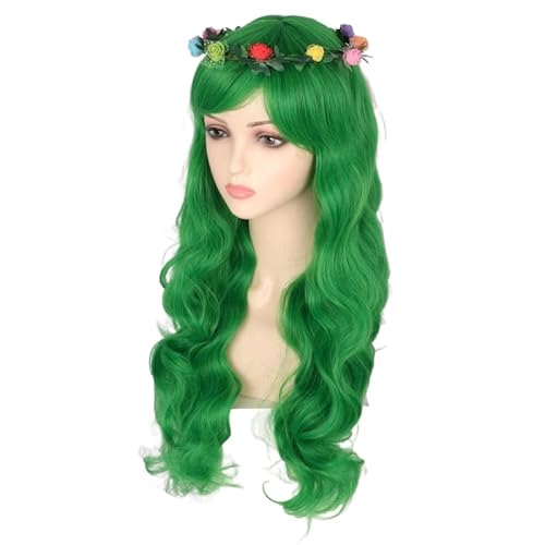 Lucoacos Frauen Grün Langwelle Curly Perücke und Blume Krone Festival Kostüm Cosplay Perücke von Lucoacos
