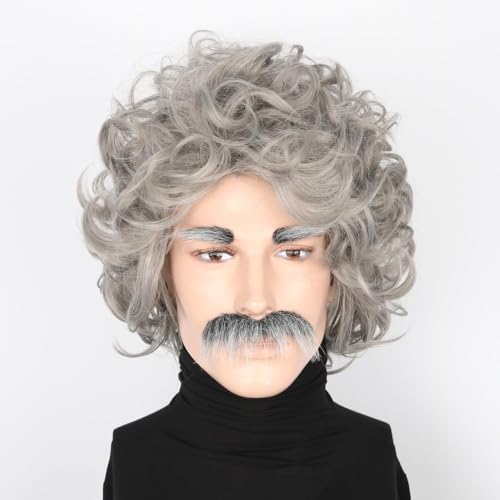 Lucoacos Grau Alter Mann Perücke Halloween Kostüm Cosplay Perücke und Schnurrbart Augenbrauen von Lucoacos