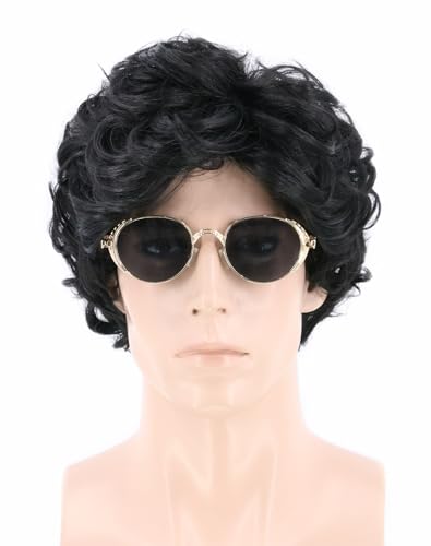 Lucoacos Männer Kurze Lockige Layered Synthetische Perücke Dunkelbraun Halloween Kostüm Cosplay Disco Hippie Perücke (Schwarz) von Lucoacos