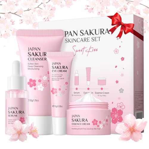 Sakura Hautpflege Set für Teenager Mädchen, Feuchtigkeit Gesichtspflege Set Inklusive Reiniger Serum Augencreme Gesichtscreme, Geschenk Valentinstag für Frauen (4 Stück) von Lucoss Beauty