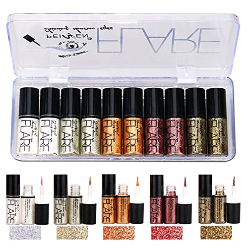 Lucoss Glitter Eyeliner, Liquid Glitzer Eyeliner Set Silber Gold Metallic Glitter Augen Make-up-Kit Langlebige Luminous Shimmer Lidschattenstift Flüssigkeit 10 PCS/Set von Lucoss