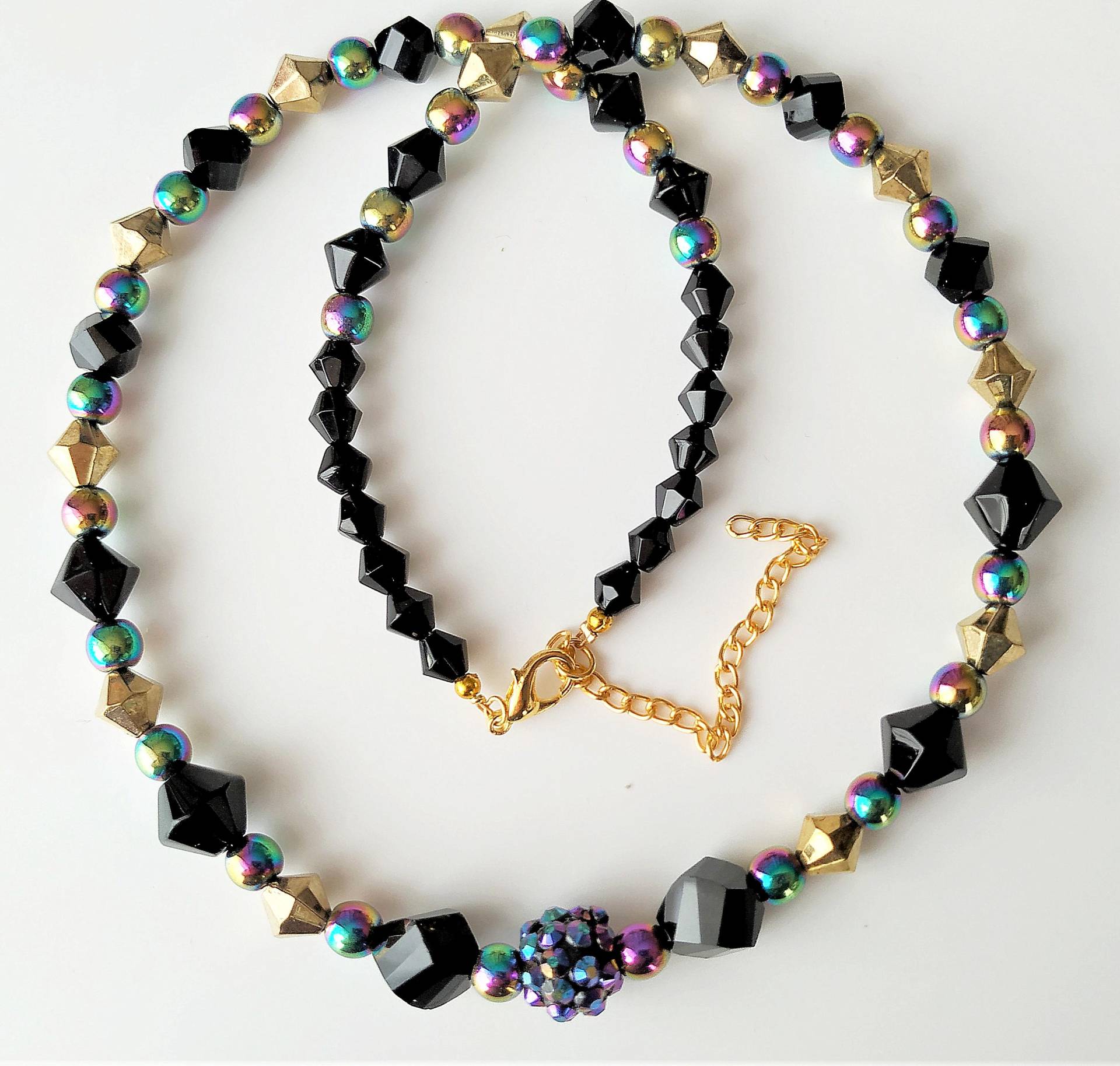 Festliche Schwarz-Gold-Bunte Schmuckkette Aus Glaskristall - Und Hematitperlen von LucyLynnTreasures