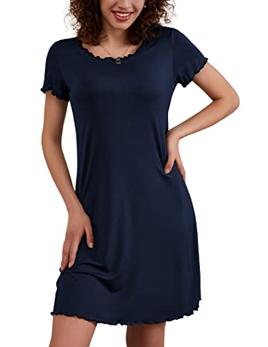 Ekouaer Damen Sommer Nachthemd mit Kruselrndern Kurz Nachtkleid Kurzarm Sleepshirt Rüschen Schlafshirt, Navyblau, L von Ekouaer