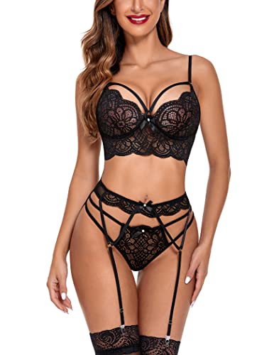 Lucyme Dessus Damen Unterwäsche Sexy Erotisch Lingerie Set Unterwäsche Frauen Flirty Babydoll Spitze Push Up BH Reizwäsche Dessous-Sets Für Damen Schwarz M von Lucyme