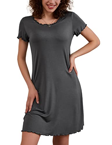 Ekouaer Damen Nachthemd Kurzarm Schlafshirt O-Neck Nachtwäsche Frauen Volant Rüschen Nachtshirt Sommer Kurz, Grau, S von Ekouaer