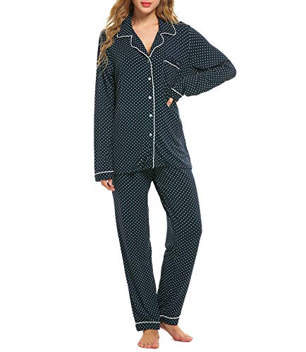 Lucyme Damen Pyjamas Set Elegant Modal Langarm Schlafanzug mit Knopfleiste Zweiteiliger Lang Nachtwäsche Sleepwear XS-XXL, Blau/Grün, EU 38(Herstellergröße: S) von Ekouaer