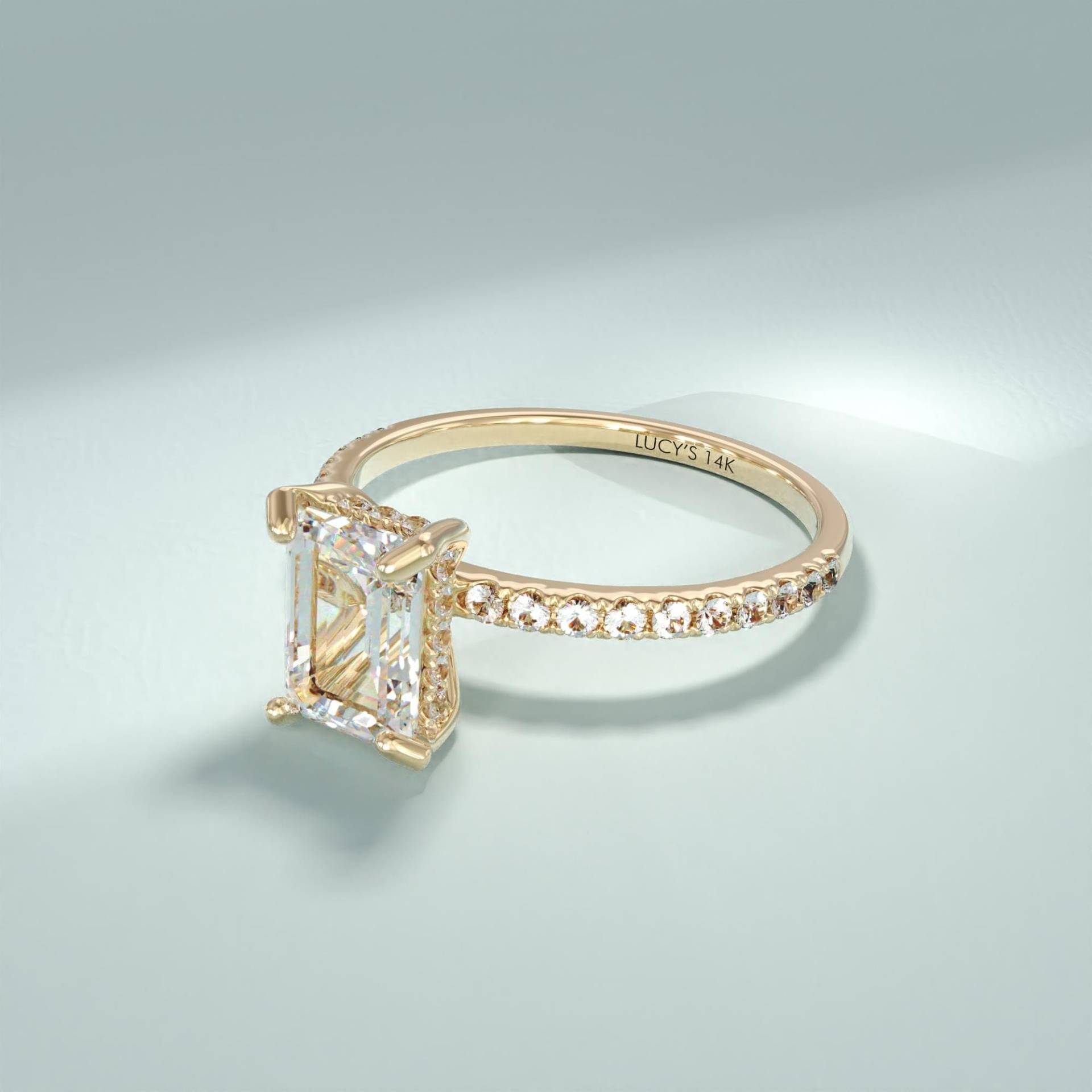 Versteckter Halo-Moissanit-Ring, Verlobungsring Aus 14-Karätigem Gold, Im Labor Erstellter Diamant-Solitärring Smaragdschliff, Zierlicher von LucysFineJewelry