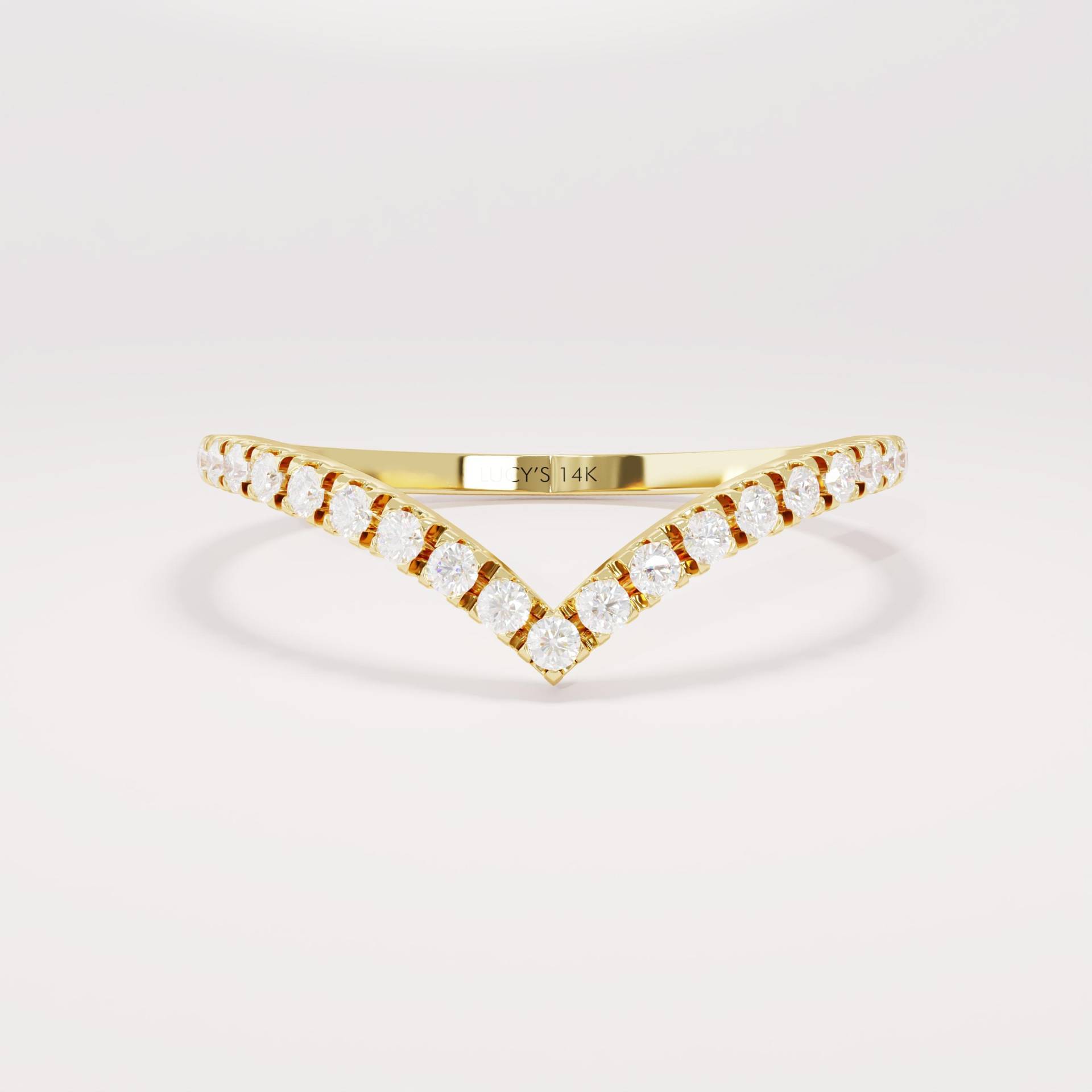 Minimale Kurve Ringenhancer, 14K Massivgold V Förmiger Ehering, Pave Diamant Chevron Band, Dünner Wishbone Stapelring, Handgemachter Schmuck von LucysFineJewelry