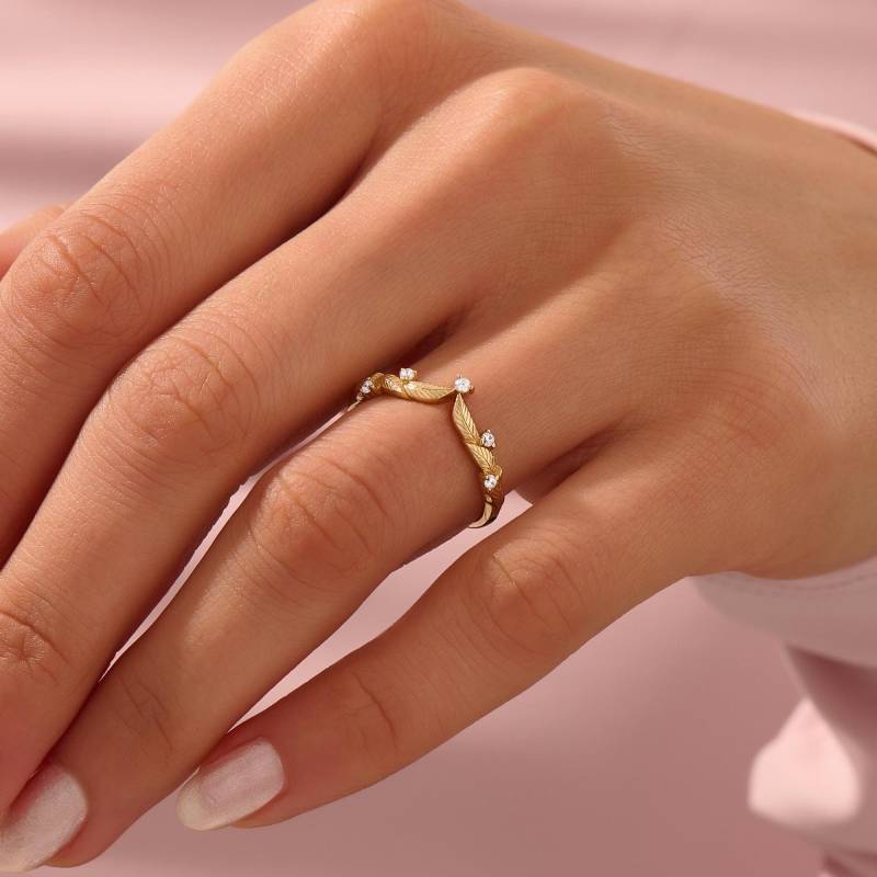 Blatt Ehering, Solid Gold Gebogener Floral Ring Enhancer, Chevron Mit Diamant, Solitär Verlobungsring Stacker von LucysFineJewelry