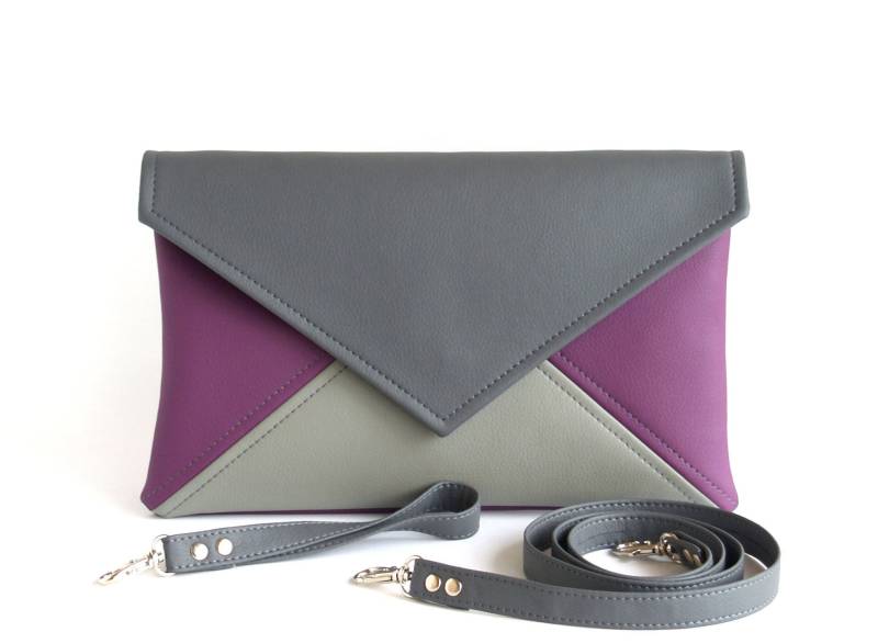 Grau & Lila Vegan Leder Clutch Umschlag Wristlet Abendtasche von LudaMelnick