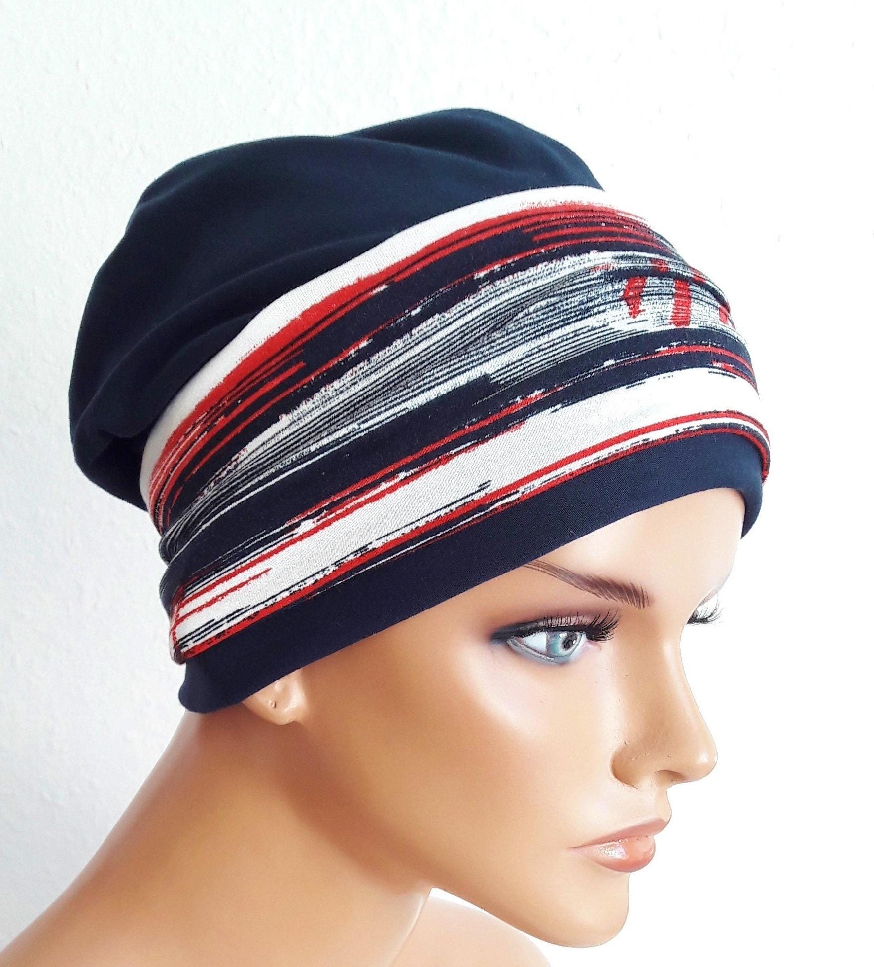 Beanie Set Damen Kopfbedeckung Beanie Mütze Turban Stirnband 2 Teilig Dunkel Blau Weiß Rot Bunt Chemo Alopezie Beanie Set Damen Kopfbedeckung Beanie Mütze Turban Stirnband 2 Teilig Dunkel Blau Weiß Rot Bunt Chemo Alopezie von Ludeline