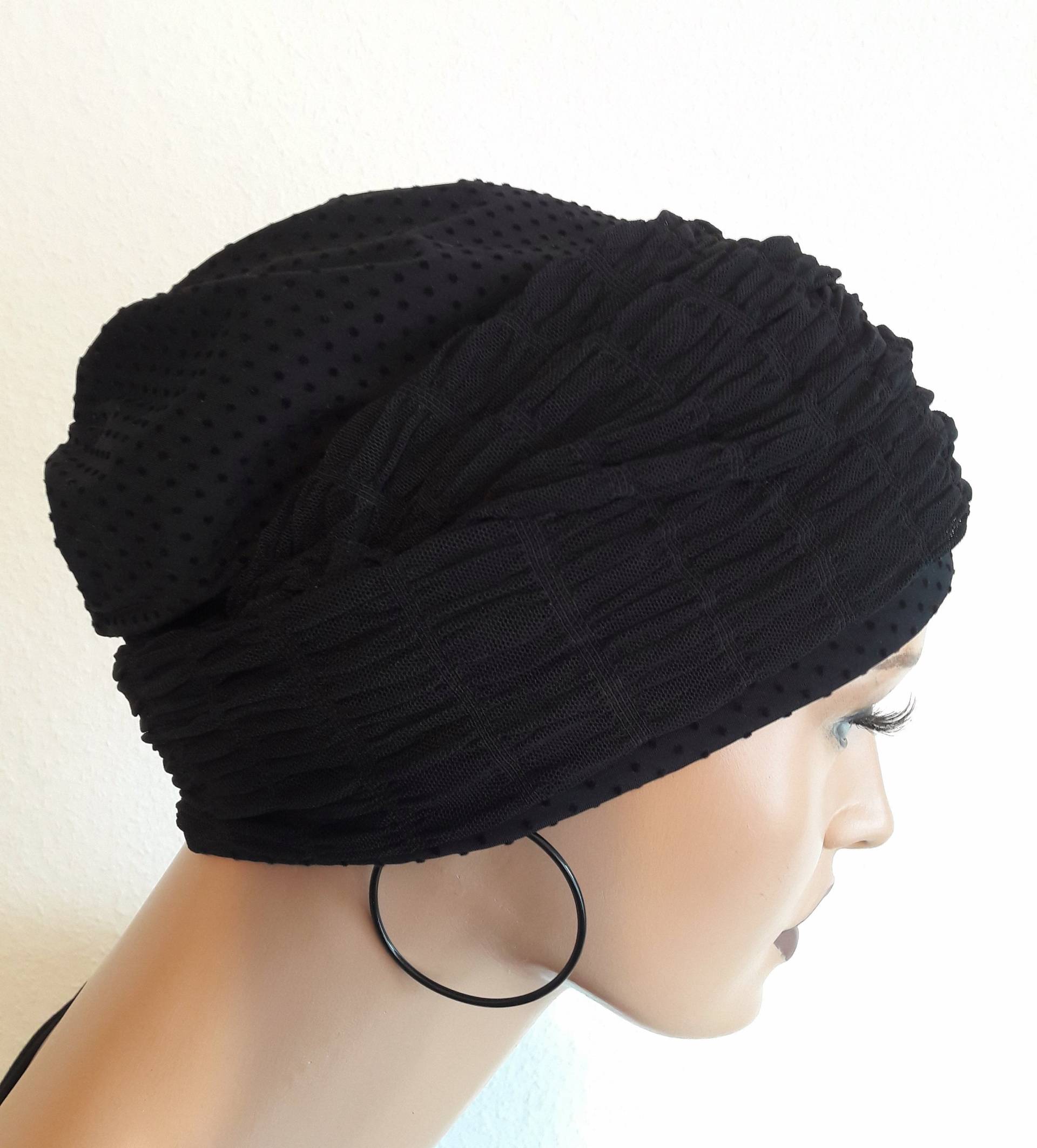 Damen Beanie Longmütze Mütze Turban Schwarz Samt/Tupfen 2 Teilig Stirnband Chemo Alopezie Statt Perücke von Ludeline