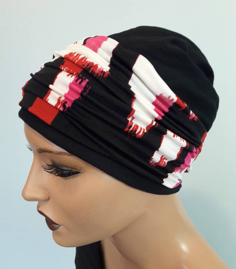 Damen Beanie Mütze Longmütze Weiche Jersey Schwarz Rot Weis Stirnband 2 Tg. Chemo Alopezie Statt Perücke Damen Beanie Mütze Longmütze Weiche Jersey Schwarz Rot Weis Stirnband 2 Tg. Chemo Alopezie Statt Perücke von Ludeline