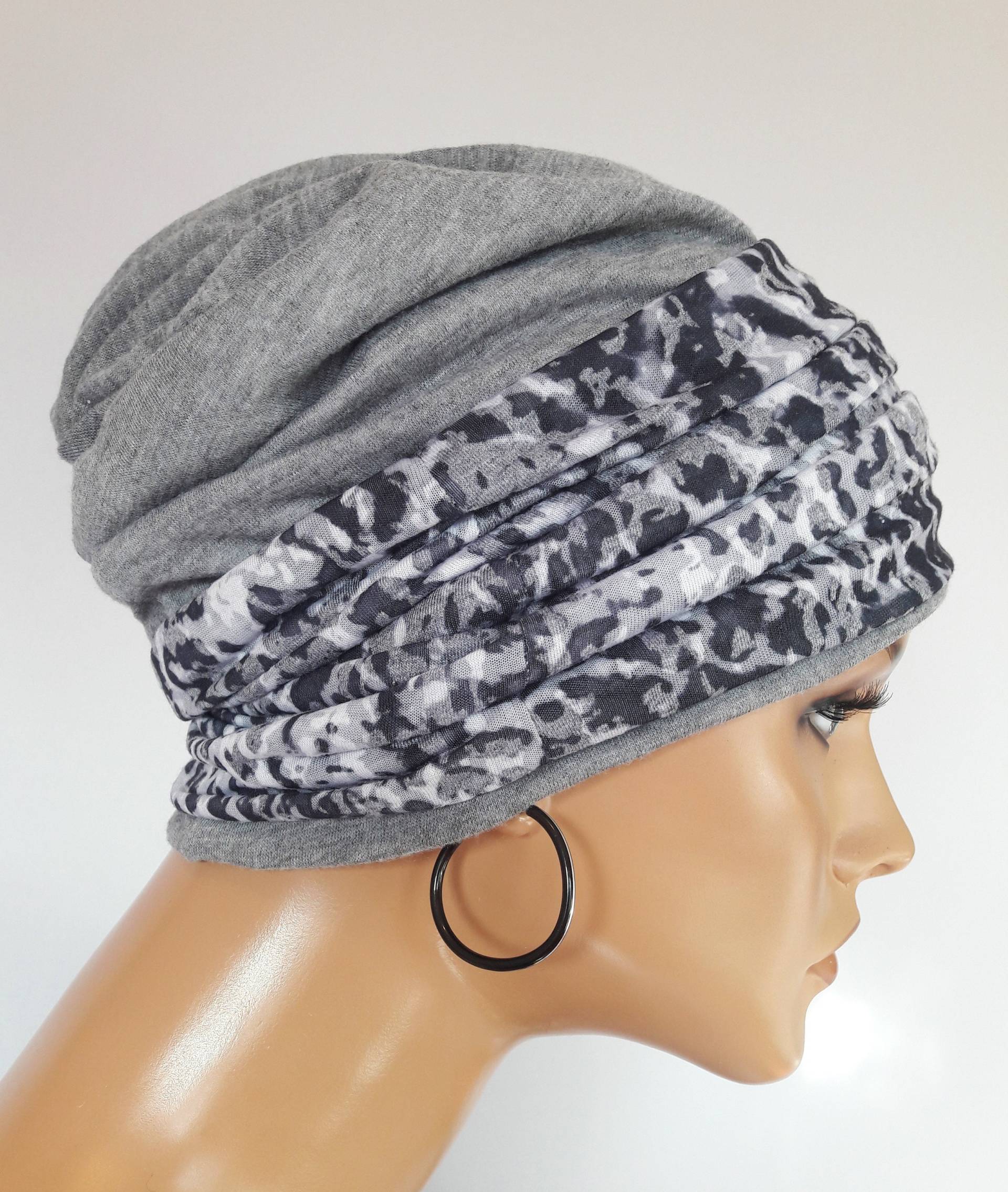 Damen Beanie Wendemütze 2 in 1 Grau Weis Stirnband Raubkatze Motiv Tg. Weiche Jersey Chemo Alopezie Damen Beanie Wendemütze 2 in 1 Grau Weis Stirnband Raubkatze Motiv Tg. Weiche Jersey Chemo Alopezie von Ludeline