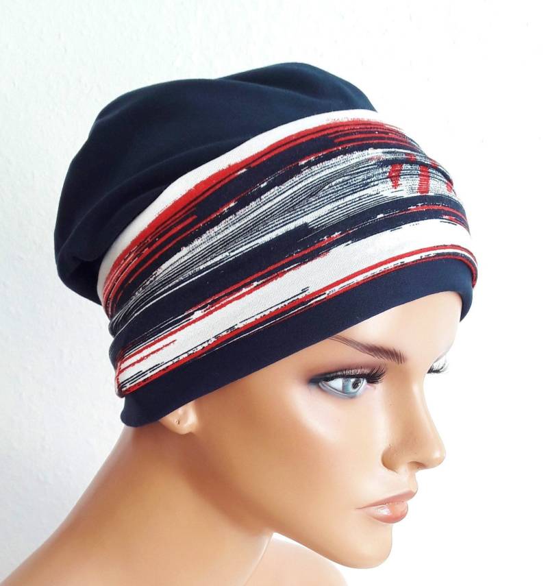 Damen Kopfbedeckung Beanie Mütze Turban Stirnband 2 Teilig Dunkel Blau Weiß Rot Bunt Chemo Alopezie Damen Kopfbedeckung Beanie Mütze Turban Stirnband 2 Teilig Dunkel Blau Weiß Rot Bunt Chemo Alopezie von Ludeline