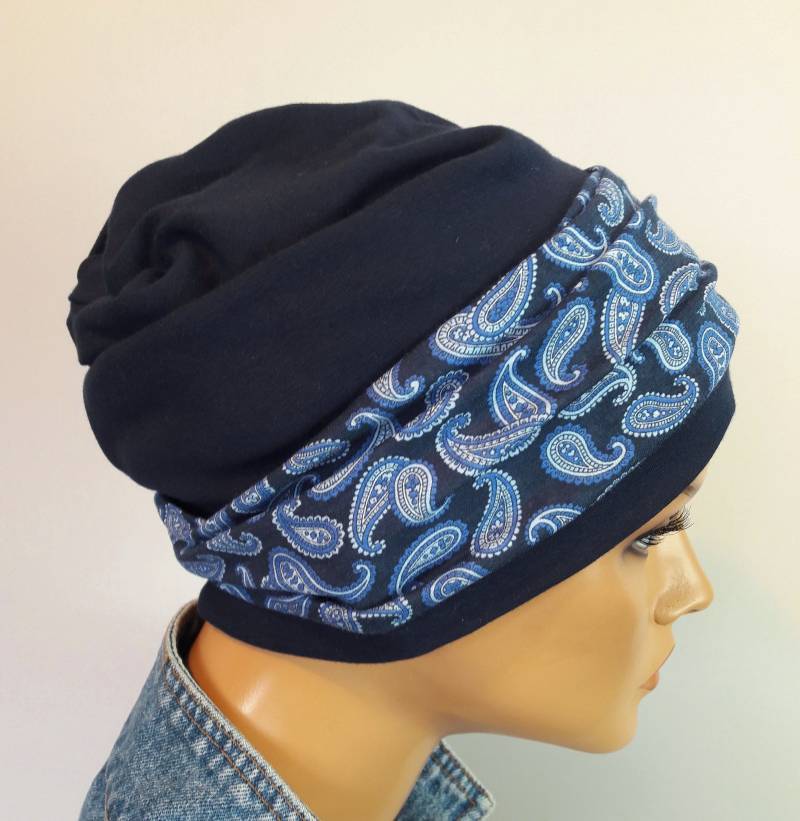 Damen Kopfbedeckung Beanie Mütze Weiche Baumwolle Jersey Blau Stirnband-Viskose 2 Tg. Chemo Alopezie von Ludeline