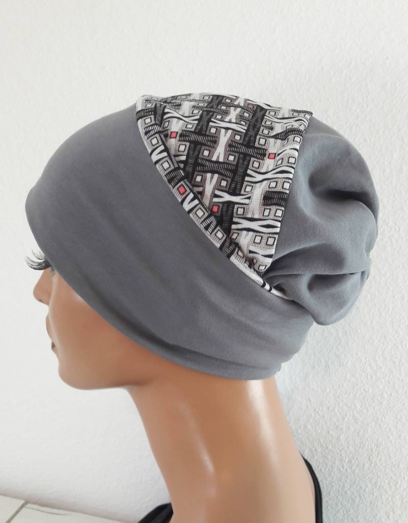 Damen Wendemütze Beaniemütze Grau Weiß Schwarz Streifen Baumwolle Viskose Jersey Chemo W von Ludeline