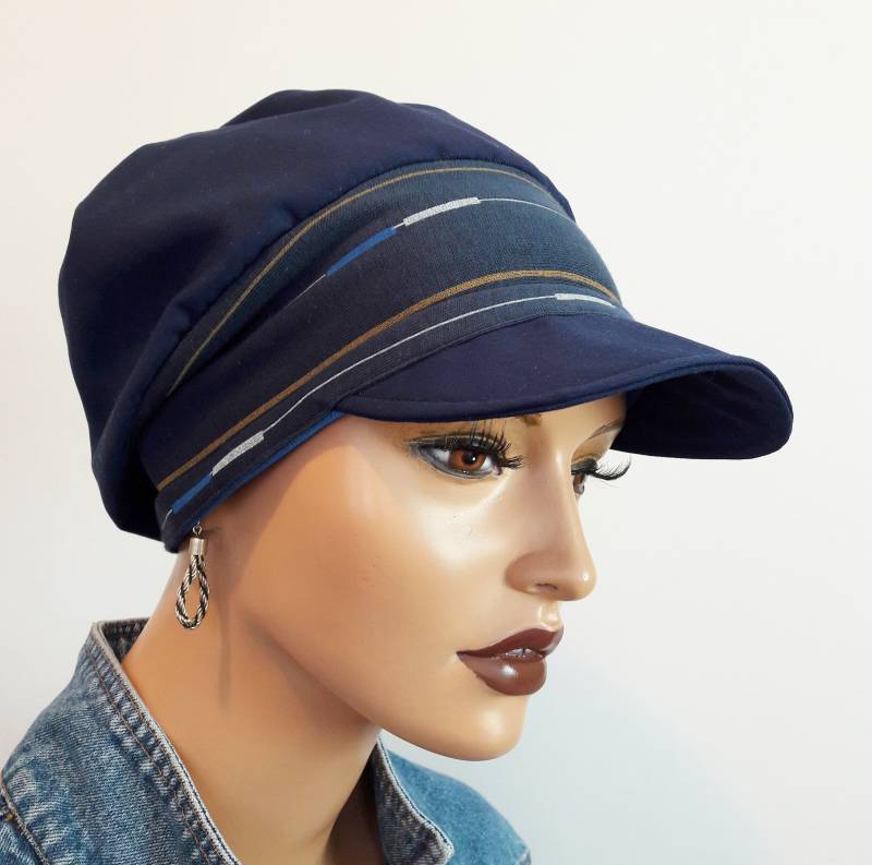 Frauen Schirmmütze Mütze Cap Marine Blau Baumwolle Jersey-streifen -Band Chemo Alopezie Frauen Schirmmütze Mütze Cap Marine Blau Baumwolle Jersey-streifen -Band Chemo Alopezie von Ludeline