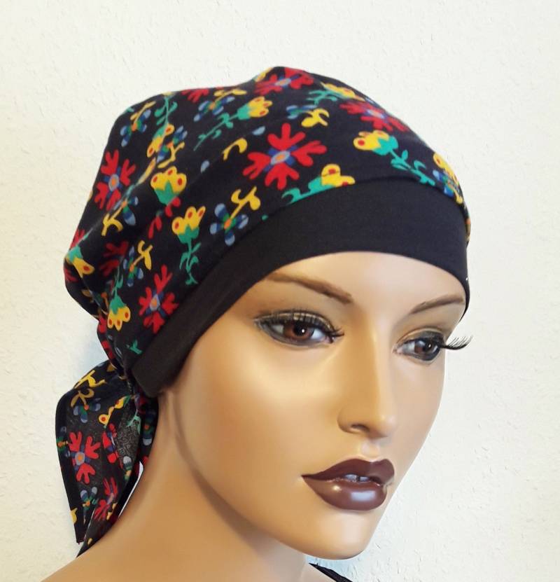 Kopftuch Mütze -Jersey Schwarz Rot Bunt 2 Tg Reine Baumwolle Chemotuch Alopezie von Ludeline