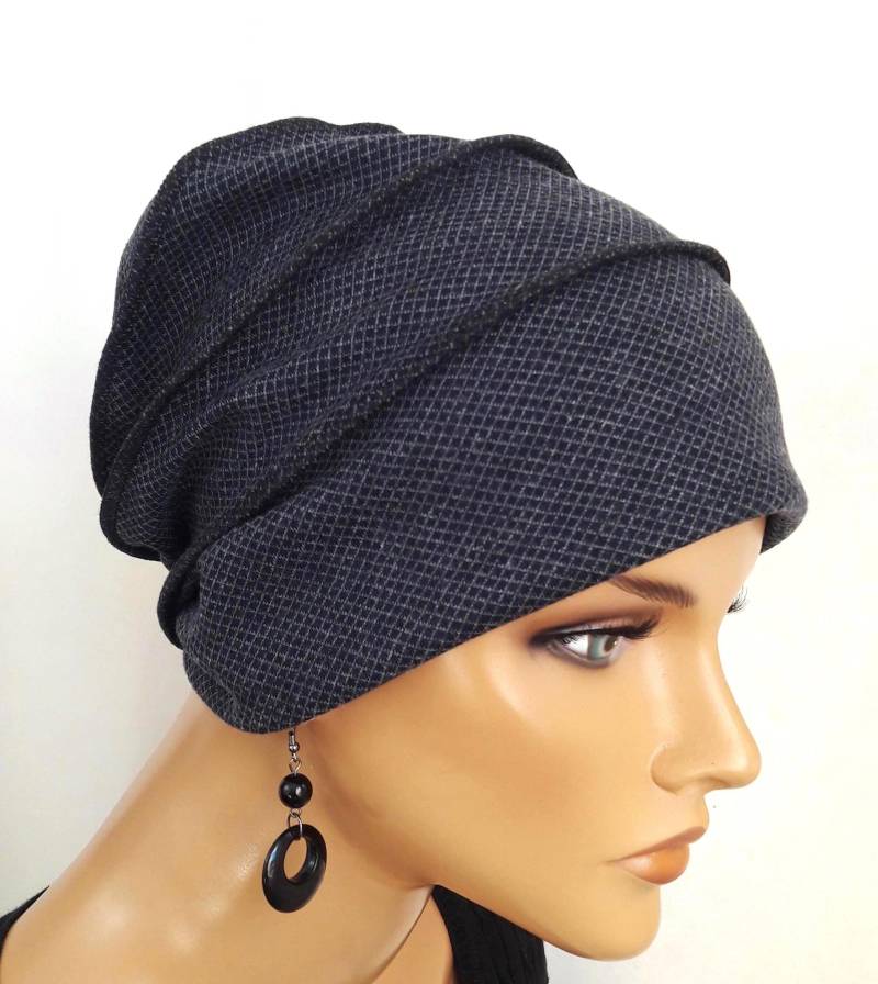 Weiche Damen Beanie Langmütze Mütze Grau/Blau Doubleface-Jersey Karo Chemo Alopezie Statt Perücke von Ludeline