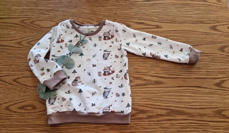 Handgemachter Pullover in Größe 104, Wintertiere, Taupe/Weiß, Aus French Terry, Unisexpullover, Bündchen Taupe, Winterpullover von LudmillasShop