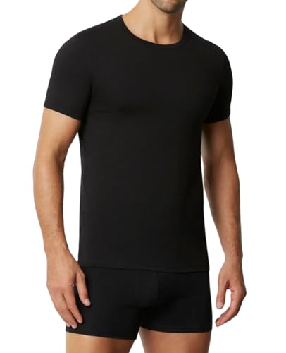 Liabel Thermo-Shirt für Herren, kurzärmelig. 1 oder 3 Unterhemden aus warmer Baumwolle aus 100 % Interlock. Rundhalsausschnitt oder spitzer Kragen. Weiß oder Schwarz, Schwarzer Rundhalsausschnitt von Ludor