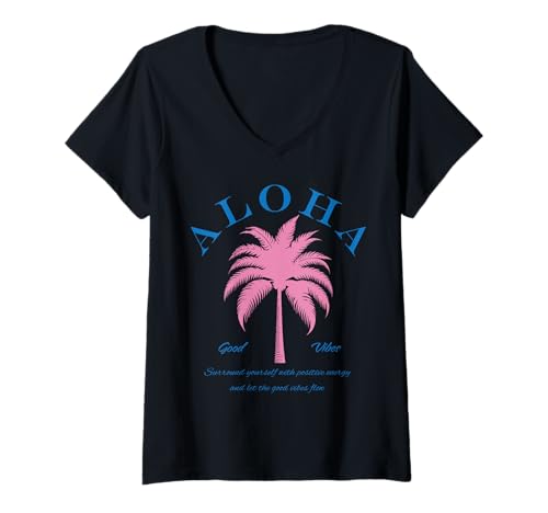Damen Aloha Good Vibes Positive Energy Palmtree Summer Design T-Shirt mit V-Ausschnitt Damen Aloha Good Vibes Positive Energy Palmtree Summer Design T-Shirt mit V-Ausschnitt von Ludus Geschenkideen coole Styles für Sie und Ihn