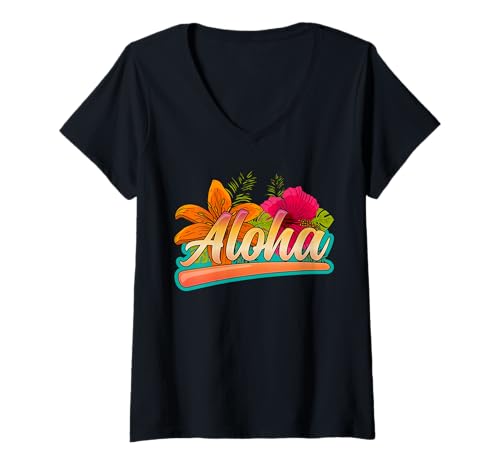 Damen Aloha Hawaii Urlaub Surfen Strand Tropical Hibiskus Souvenir T-Shirt mit V-Ausschnitt Damen Aloha Hawaii Urlaub Surfen Strand Tropical Hibiskus Souvenir T-Shirt mit V-Ausschnitt von Ludus Geschenkideen coole Styles für Sie und Ihn