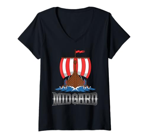 Damen Midgard Wikinger Nordische Mythologie Design T-Shirt mit V-Ausschnitt Damen Midgard Wikinger Nordische Mythologie Design T-Shirt mit V-Ausschnitt von Ludus Geschenkideen coole Styles für Sie und Ihn