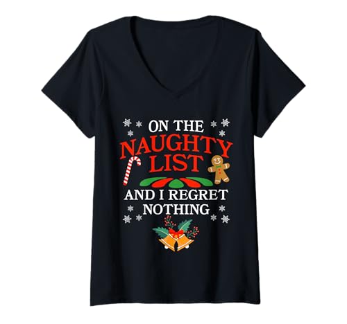 Damen On The Naughty List and I Regret Nothing Christmas Design T-Shirt mit V-Ausschnitt Damen On The Naughty List and I Regret Nothing Christmas Design T-Shirt mit V-Ausschnitt von Ludus Geschenkideen coole Styles für Sie und Ihn
