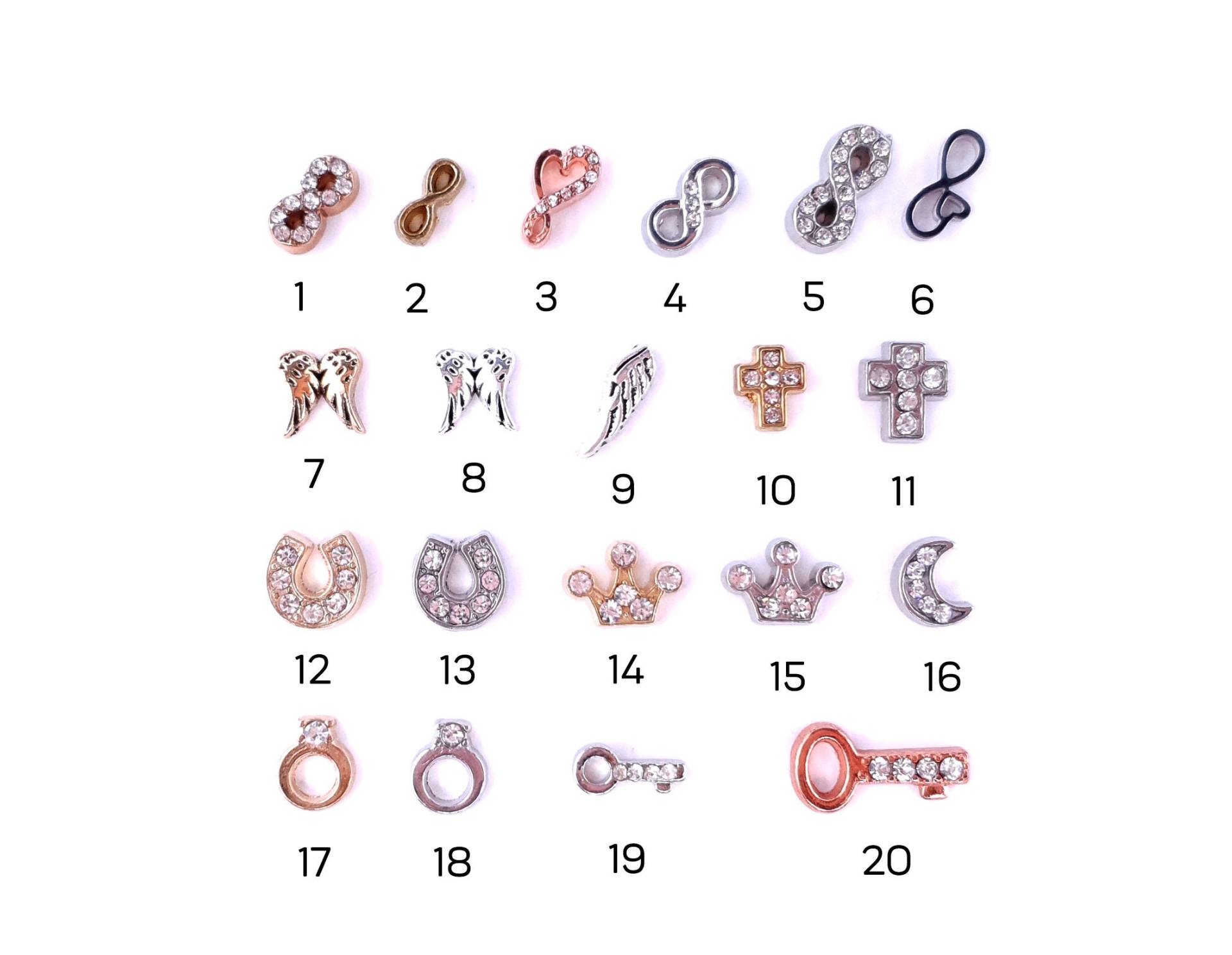 Charm, Unendlichkeitszeichen, Infinty, Glück, Hufeisen, Key, Kreuz, Flügel, Krone, Zirkona, Floating Charms, Zum Befüllen, Medaillon, Silber Charm, Unendlichkeitszeichen, Infinty, Glück, Hufeisen, Key, Kreuz, Flügel, Krone, Zirkona, Floating Charms, Zum Befüllen, Medaillon, Silber von LueLDesign