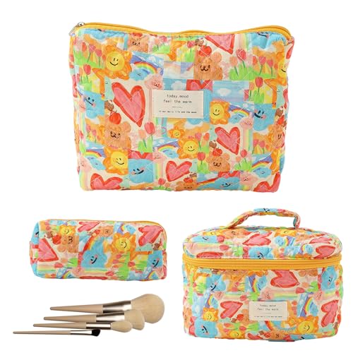 Lueear Make-up-Tasche mit Blumenmuster, gesteppt, Reise-Kosmetiktasche, ästhetischer Kulturbeutel für Damen und Mädchen, multifunktionale Aufbewahrung, Love Graffiti Große Handtasche + M + S, Refer to von Lueear