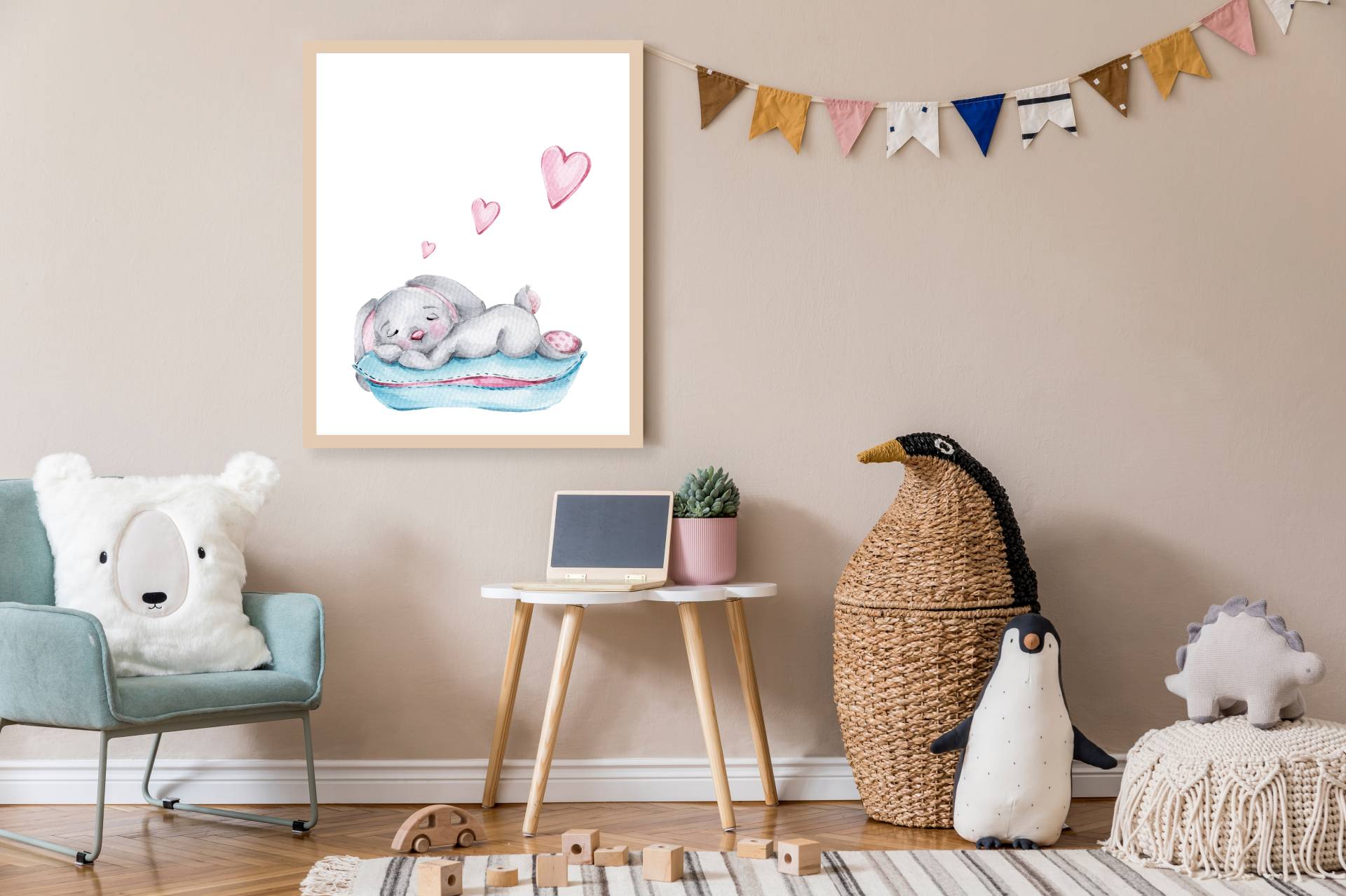 Lüttenhütt Bild mit Rahmen "oder Poster, Schlafender Hase mit Herzen", Fantasy-Hase-Hasen-Herz-Herzen-Tiere, (1 St.), HD Premium Druck von Lüttenhütt
