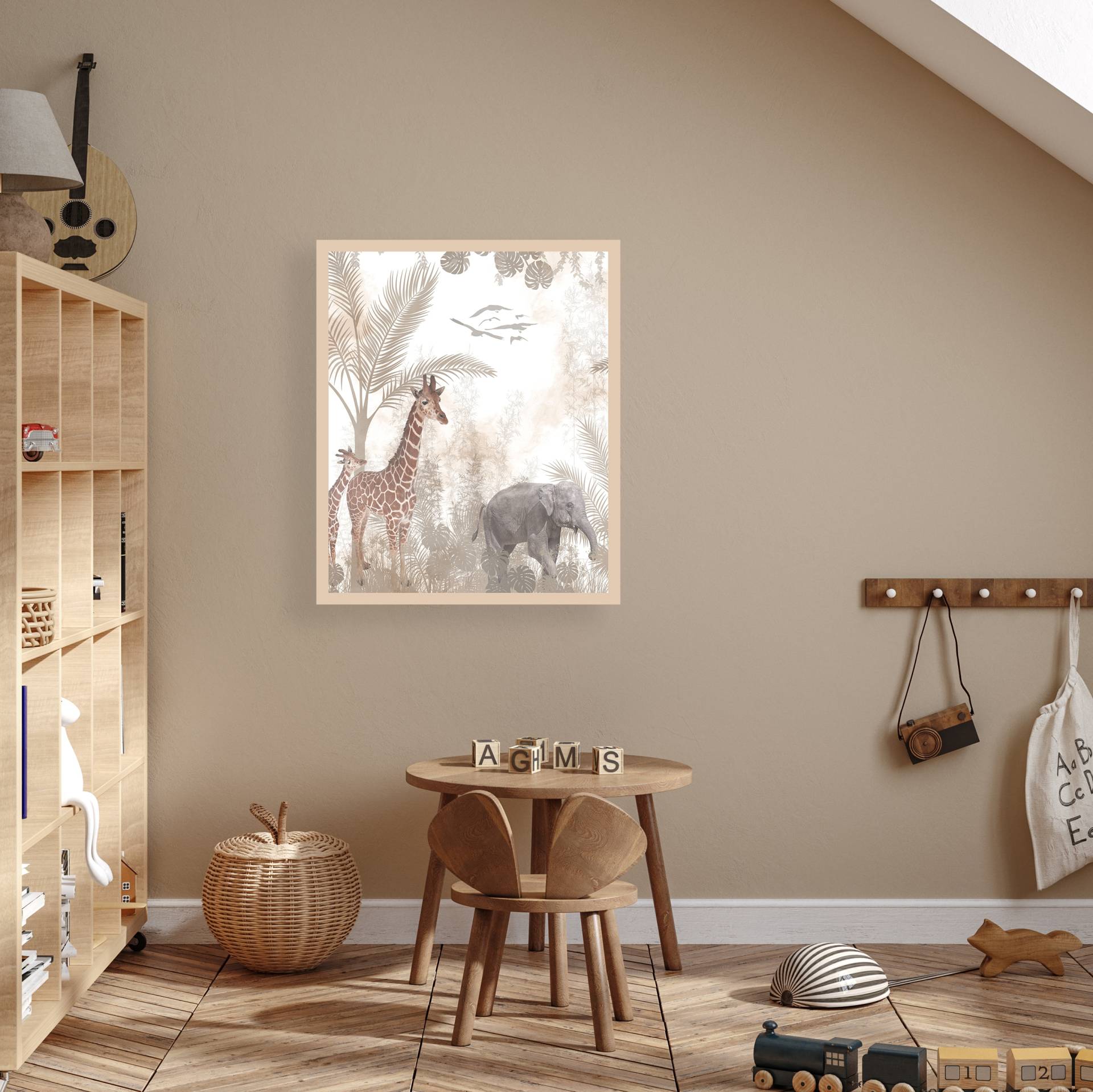 Lüttenhütt Bild mit Rahmen "oder Poster, Tiere im Dschungel", Baum-Bilder von Afrika-Elefant-Elefanten Bilder-Elephant-Fantasy-Giraffe-Tiere, (1 St.), HD Premium Druck von Lüttenhütt