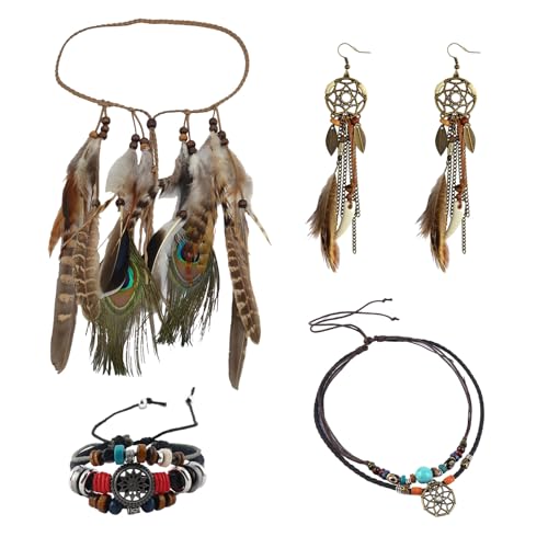 4 Pcs Indianer Kopf Schmuck Set, Indianer Kostüm Damen Feders Haarband Feder Stirnband Leder Boho Hippie Kostüm für Frauen Karneval Festival Mottoparty Cosplay Zubehör von Lufdegim