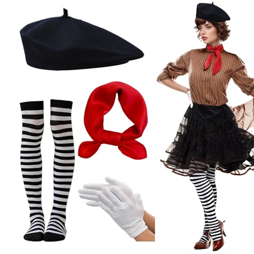 4Pcs Pantomime Kleidung Mode Barett Retro Casual Runder Hut Gestreifte Kniestrümpfe Weiße Baumwollhandschuhe Roter Seidenschal Kleines quadratisches Halstuch Halstuch Cosplay Karneval Kostüme Maskerad 4Pcs Pantomime Kleidung Mode Barett Retro Casual Runder Hut Gestreifte Kniestrümpfe Weiße Baumwollhandschuhe Roter Seidenschal Kleines quadratisches Halstuch Halstuch Cosplay Karneval Kostüme Maskerad von Lufdegim
