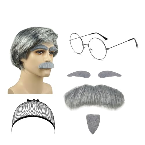 7 Stück Opa Kostüm Perücke Set, Rentner Kostüm Cosplay Opa Perücke Bart Augenbrauen Brille Perückenkappe Alter Mann Kostüm Perücke Opa für Halloween Karneval Cosplay Zubehör von Lufdegim