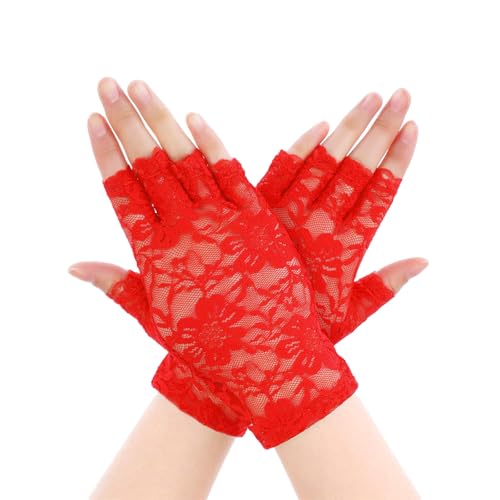 Damen Spitzen Handschuhe, Netz Blumen Handschuhe, Kurze Halbfinger Fingerlose Gloves, Lace Short Gloves, Braut Spitze Handschuhe für Abend halloween Hochzeit Cosplay Party Kostümzubehör (Rot) von Lufdegim