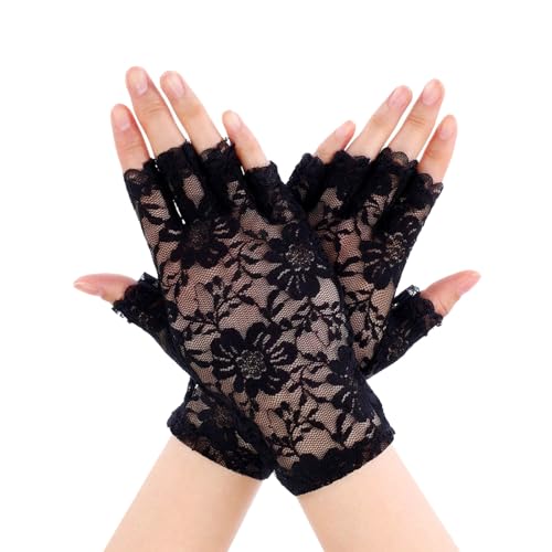 Damen Spitzen Handschuhe, Netz Blumen Handschuhe, Kurze Halbfinger Fingerlose Gloves, Lace Short Gloves, Braut Spitze Handschuhe für Abend halloween Hochzeit Cosplay Party Kostümzubehör (Schwarz) von Lufdegim