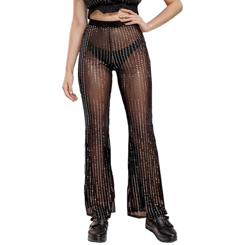 Damenhosen Lange Hosen Schlaghose aus Netz und Strasssteinen Hochtaillierte Hose Pailletten Belüftet Lässiger Stil Karneval Partei (DE/NL/SE/PL, Alphanumerisch, L, Regular, Regular, Schwarz) von Lufdegim
