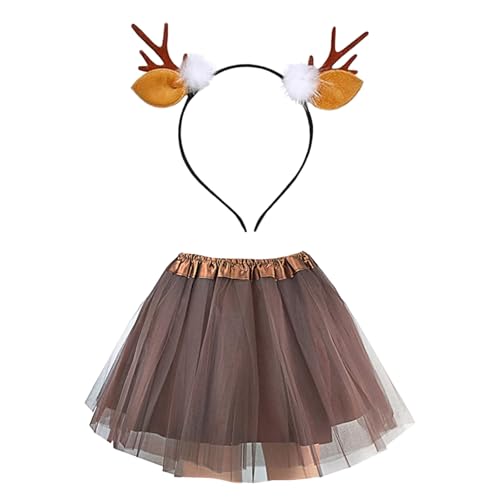 Haarreif Rentier mit Tüllrock, Damen Geweih Kostüm, Rentier Geweih Haarreif Tüllrock Kaffee Tutu Rock Kostüm Zubehör für Damen Erwachsener Fasching Karneval Cosplay Kostüm Party Accessoires von Lufdegim